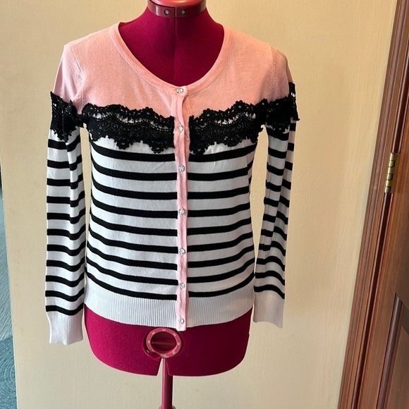 Gran Orient Sweaters - Gran Oriente NWOT  French design stripe sweater cardigan size S Pink black ivory